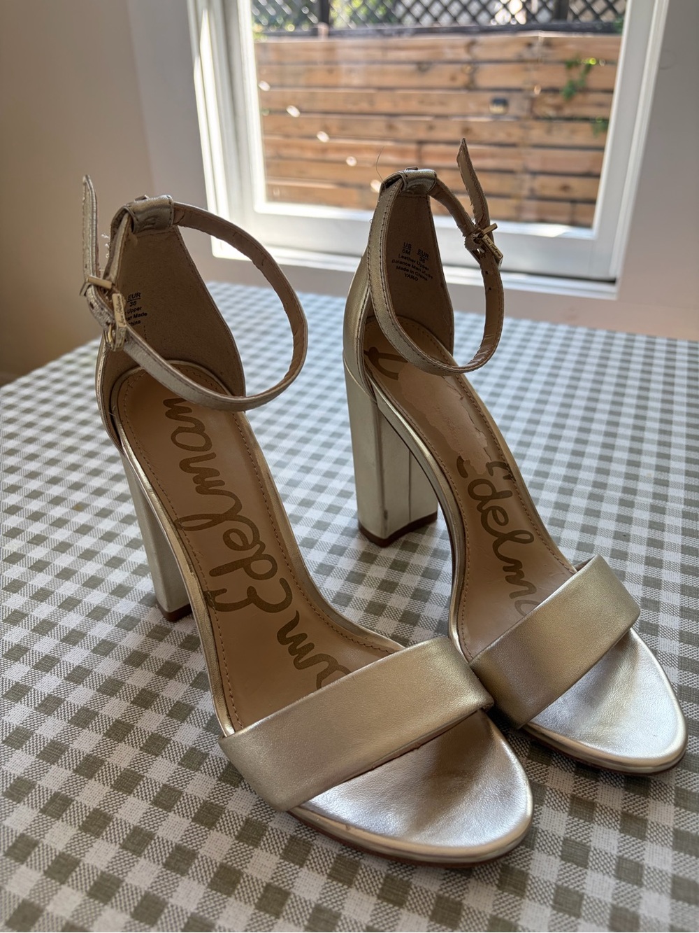 Sam Edelman Metallic Champagne Ankle-Strap Block Heels
